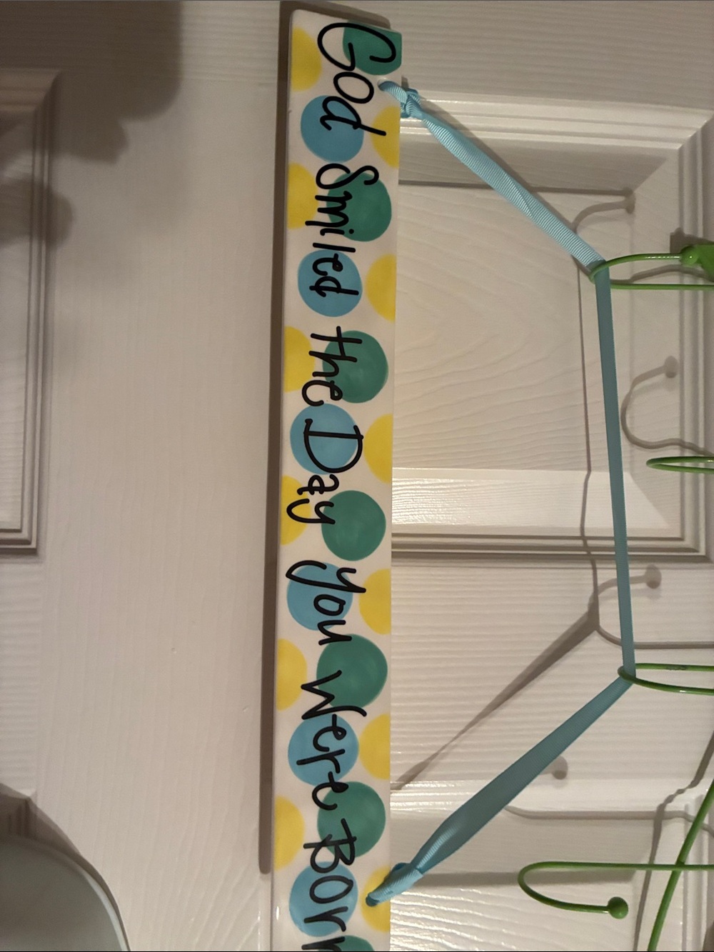 "God Smiled" Polka Dot Wall Hanging - Blue, Teal & Yellow